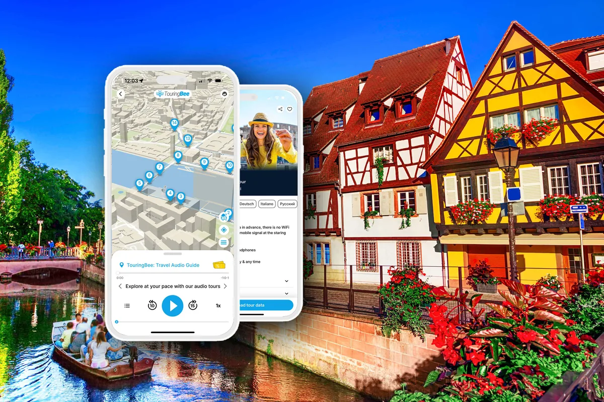 The TouringBee app showing the Colmar audio tour map over Little Venice
