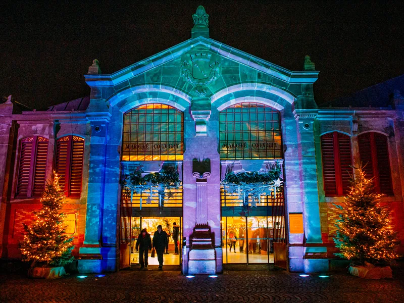 Colmar's covered market building illuminated at night